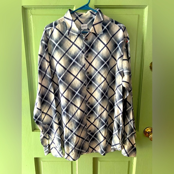 Armani Collezioni Long Sleeve Shirt flax linen Diamond plaid STUNNING EXCELLENT - Picture 1 of 8
